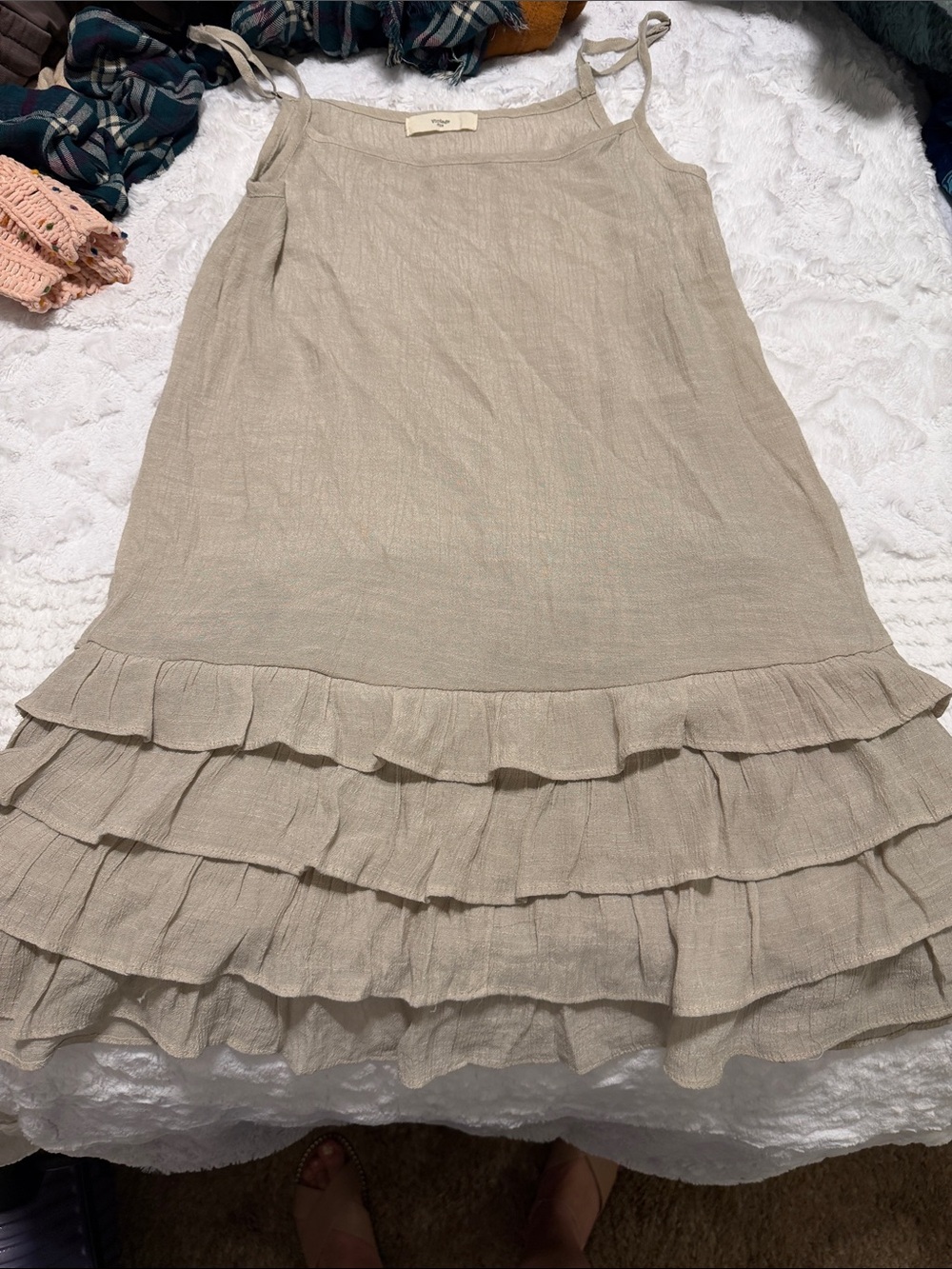 Vintage Beige Ruffle-Tiered Camisole Dress